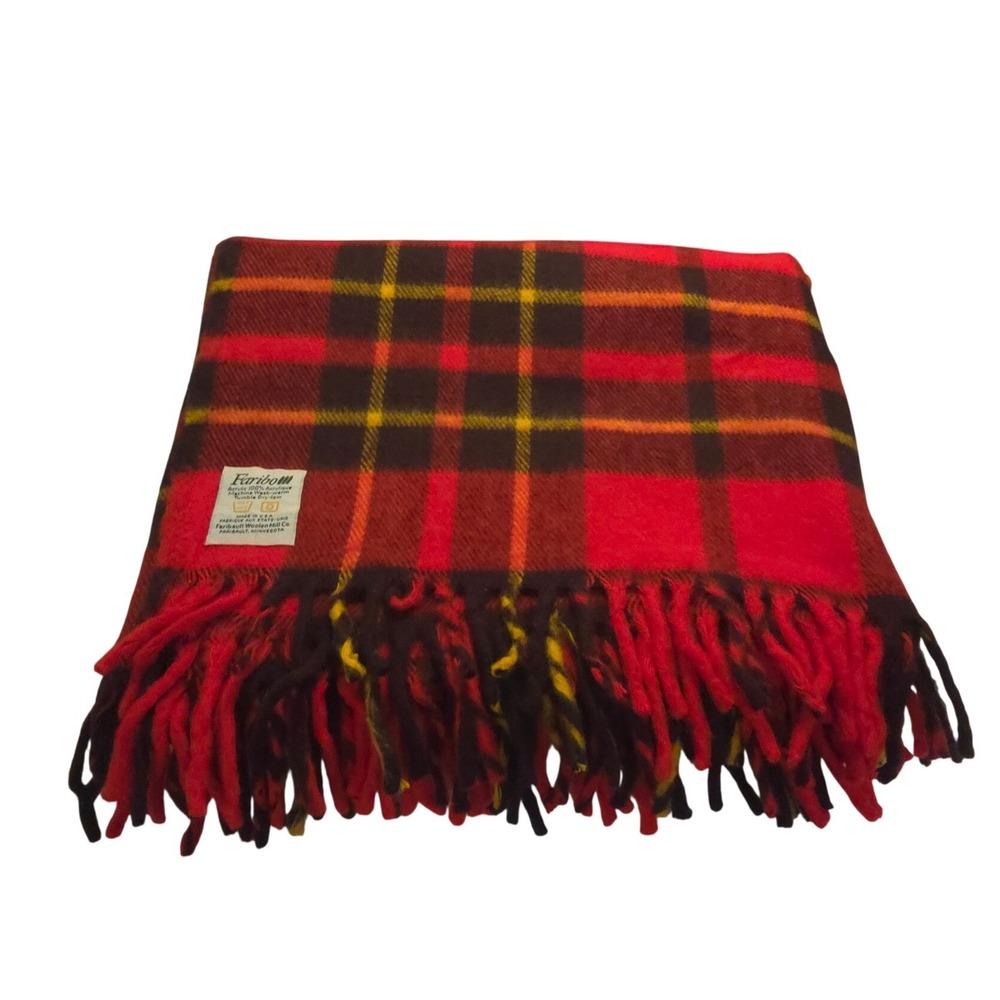 Vintage 70s Faribo Plaid Throw Blanket Red Black Yellow Fringe Made in USA